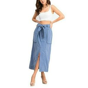 Free People Skirt  Catching Feelings Blueberry Linen Blend Slit Midi Belted 4